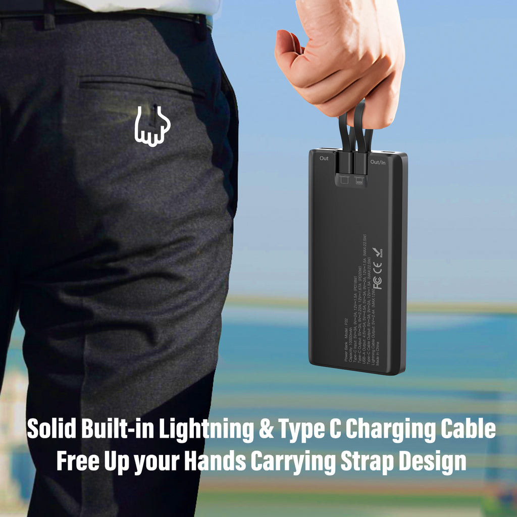 CE Fcc Rohs Power Bank 10000mah 22.5w Fast Charging Power Bank with Led Display Built in Cable
