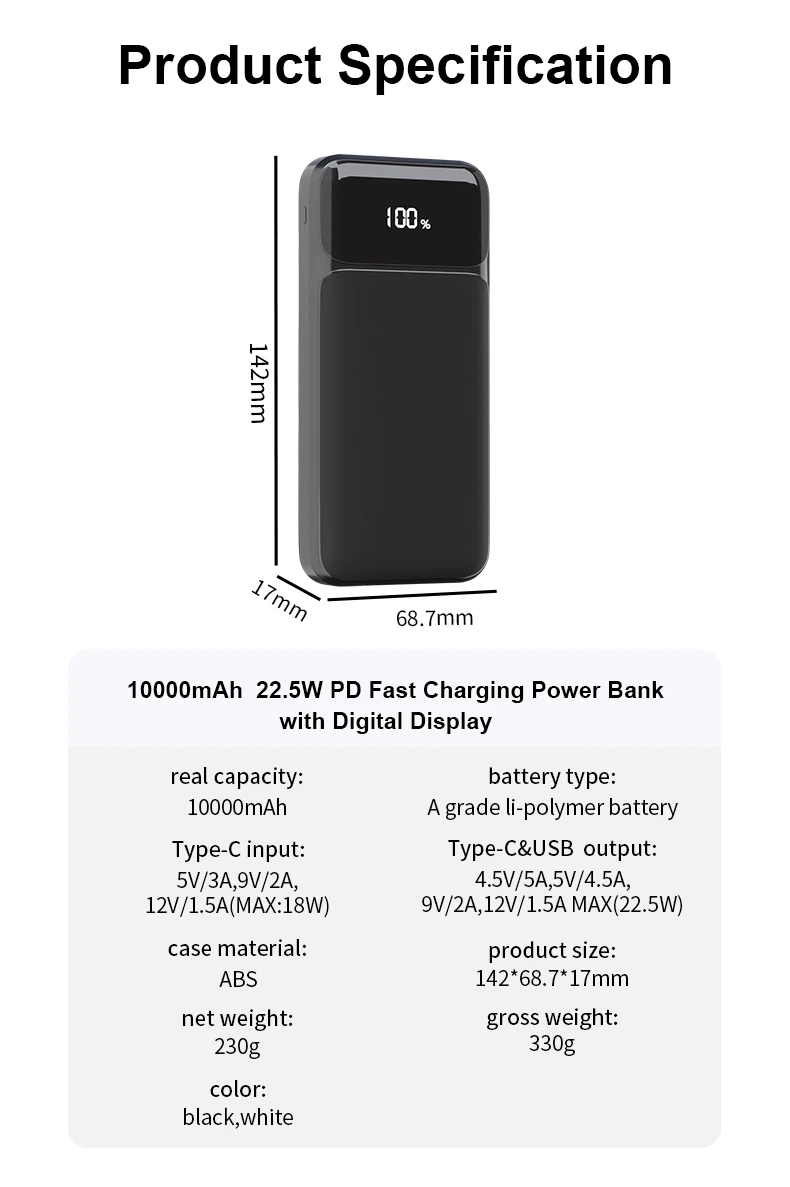 CE Certified Fast Charging Power Bank Large Capacity Retractable Cable Type-C for Computer Mobile Devices
