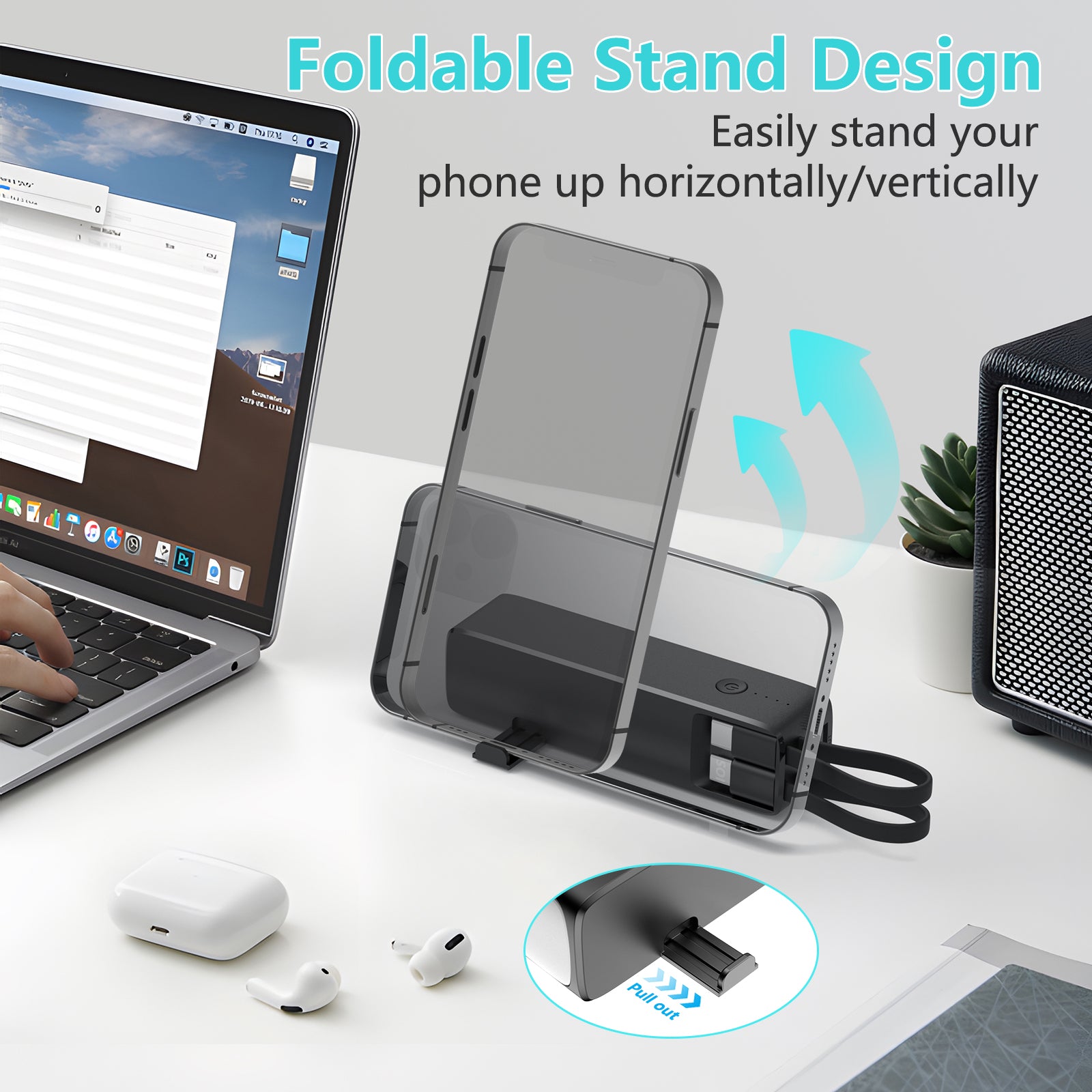 Hot 2025 5000mah Mobile Phone Power Supply Mobile Phone Station Power Bank with Torch Bracket Built-in 2 Cables Mini Power Banks