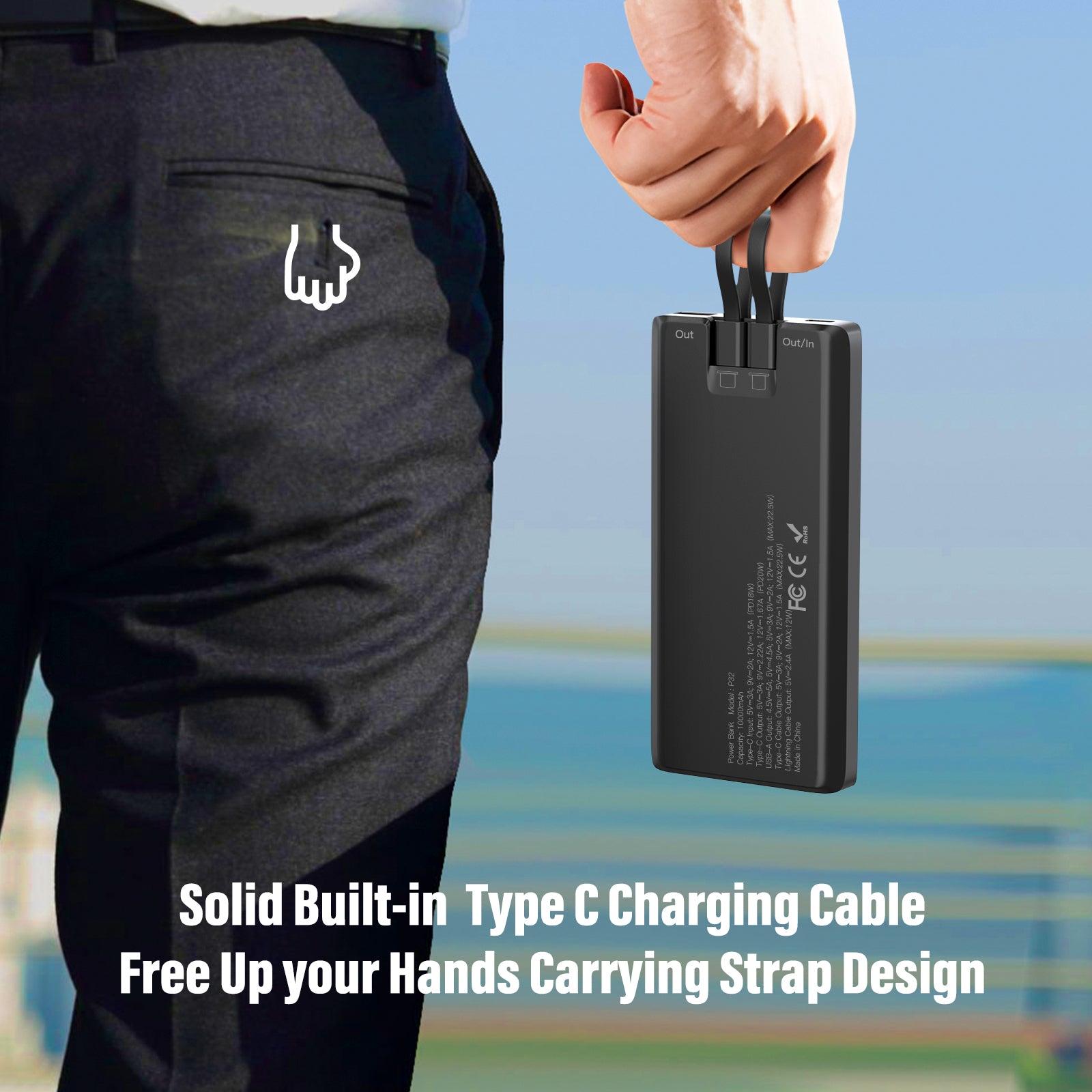CE Fcc Rohs Power Bank 10000mah 22.5w Fast Charging Power Bank with Led Display Built in Cable