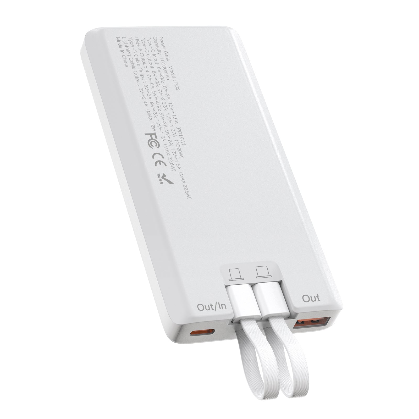 CE Fcc Rohs Power Bank 10000mah 22.5w Fast Charging Power Bank with Led Display Built in Cable
