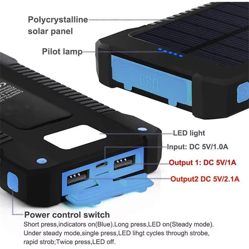 Waterproof Outdoor Solar Power Bank 10000mAh Dual USB Travel Outdoor Solar Mobile Phone Charger Solar Powerbanks for Camping