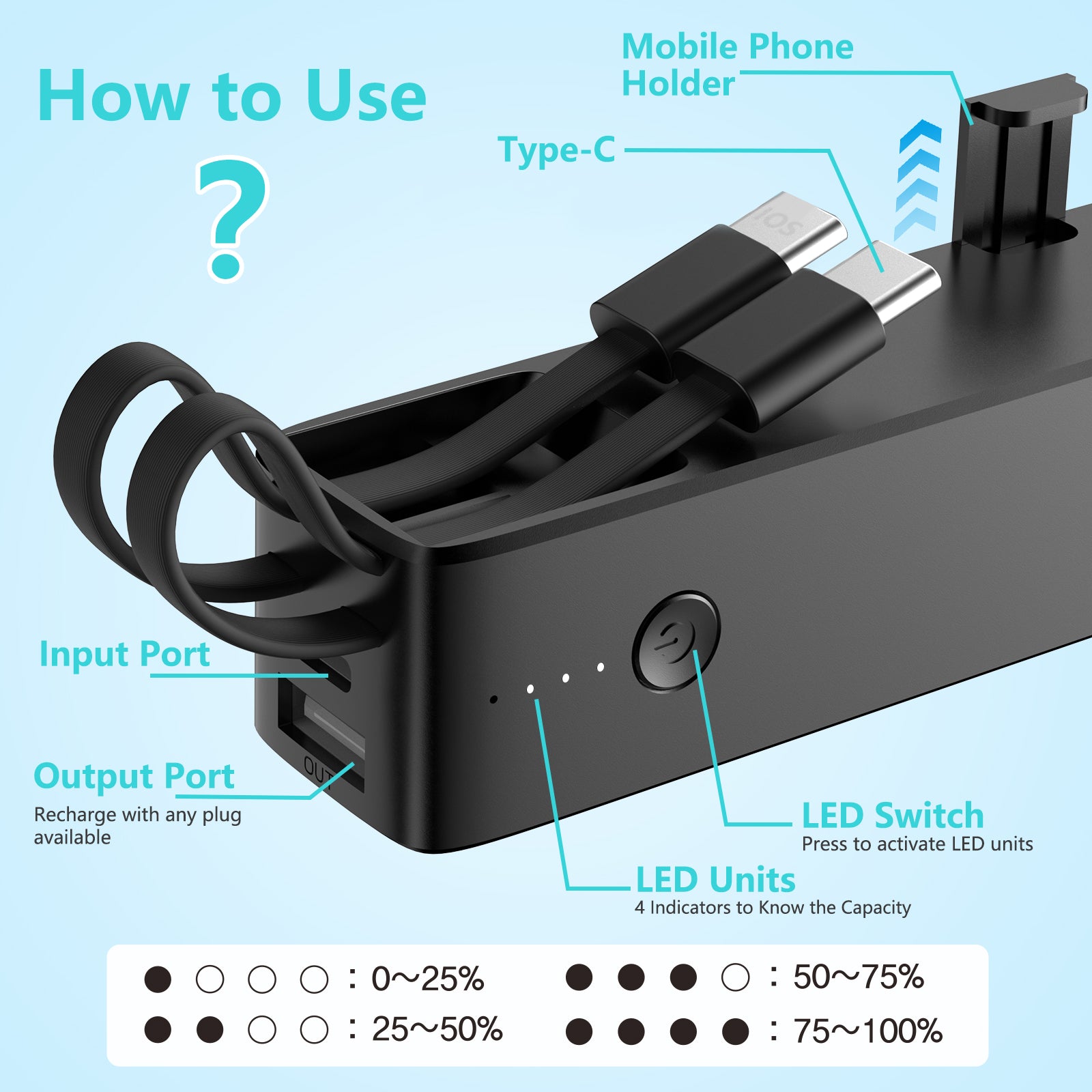 Hot 2025 5000mah Mobile Phone Power Supply Mobile Phone Station Power Bank with Torch Bracket Built-in 2 Cables Mini Power Banks