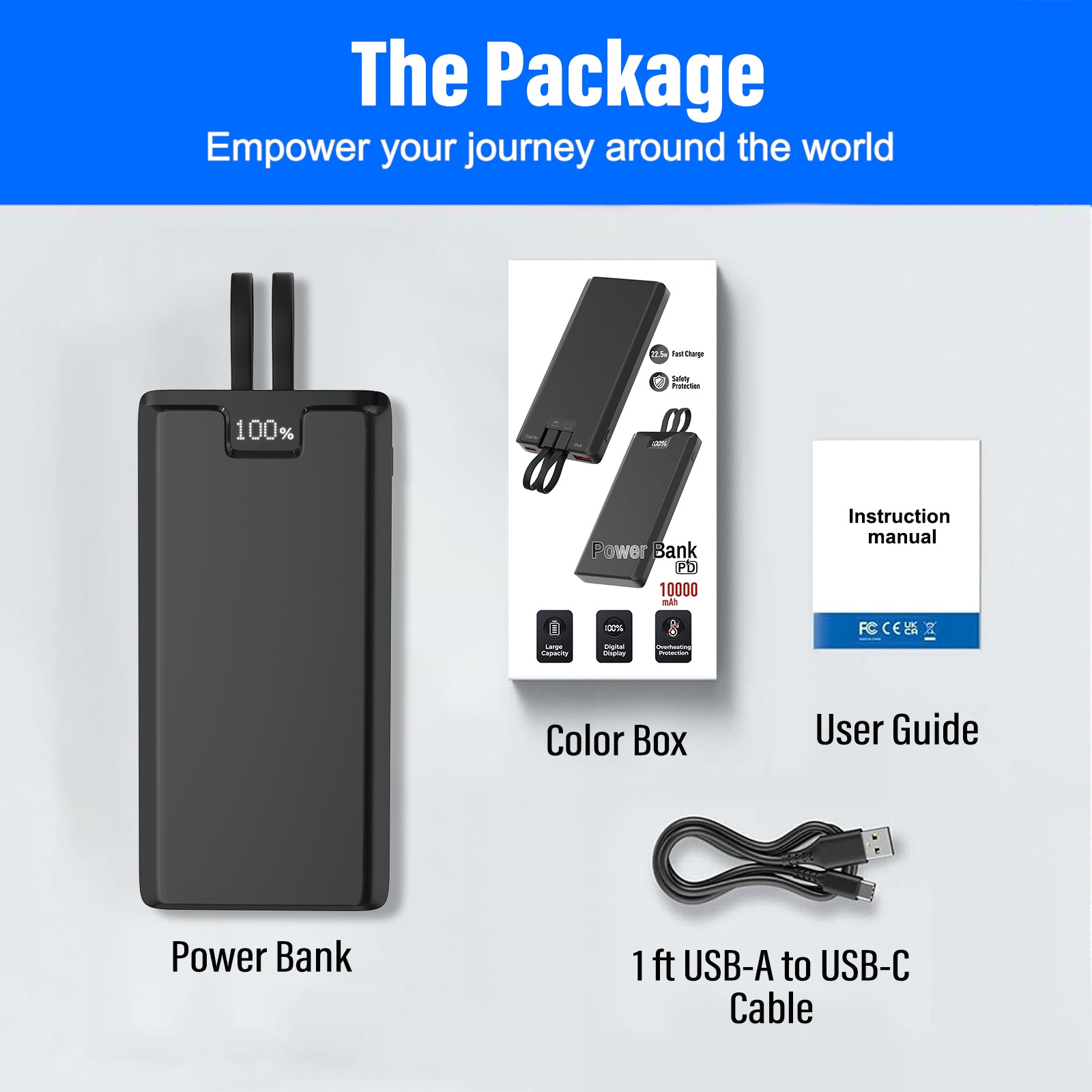 CE Fcc Rohs Power Bank 10000mah 22.5w Fast Charging Power Bank with Led Display Built in Cable