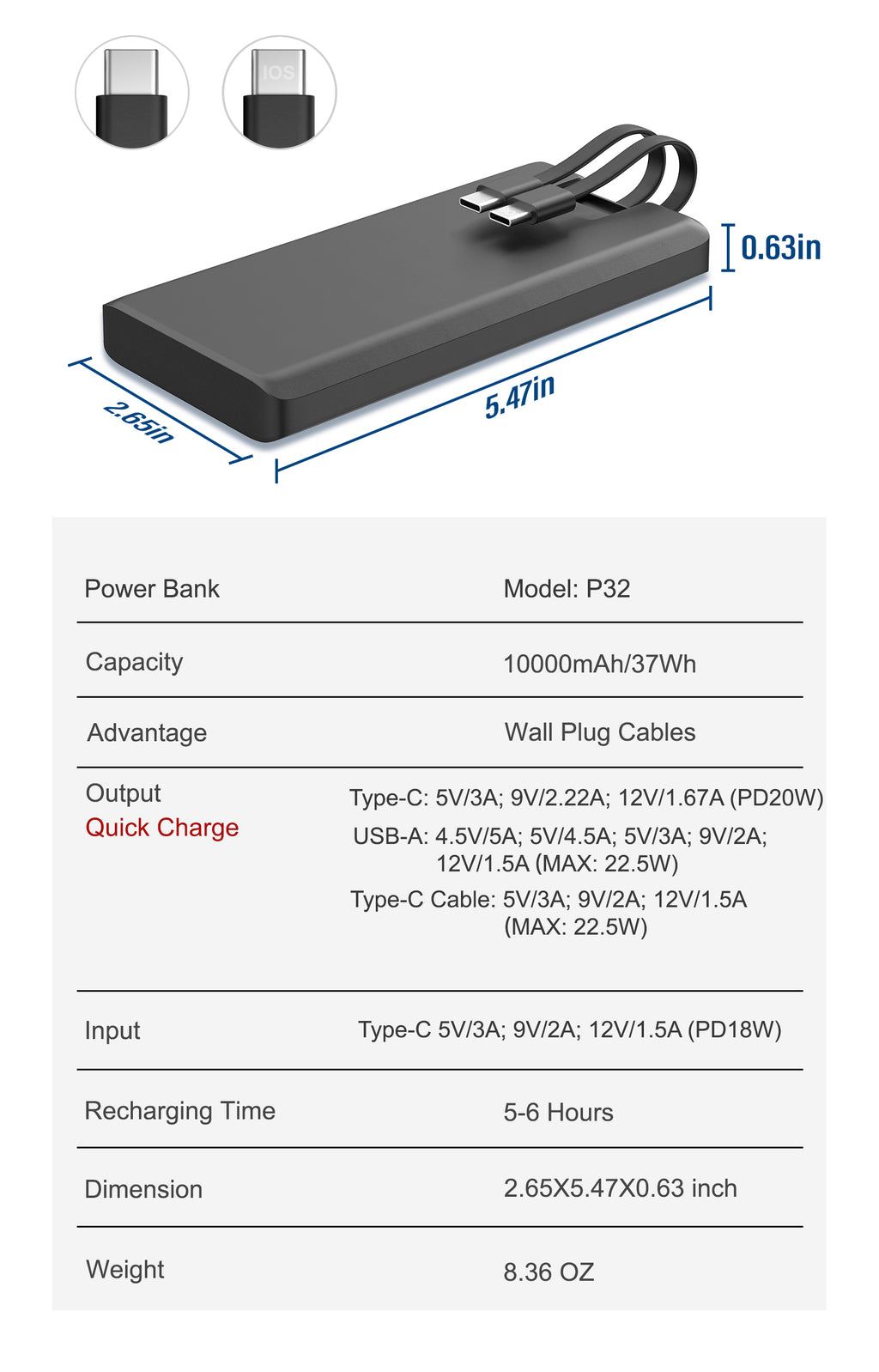 CE Fcc Rohs Power Bank 10000mah 22.5w Fast Charging Power Bank with Led Display Built in Cable