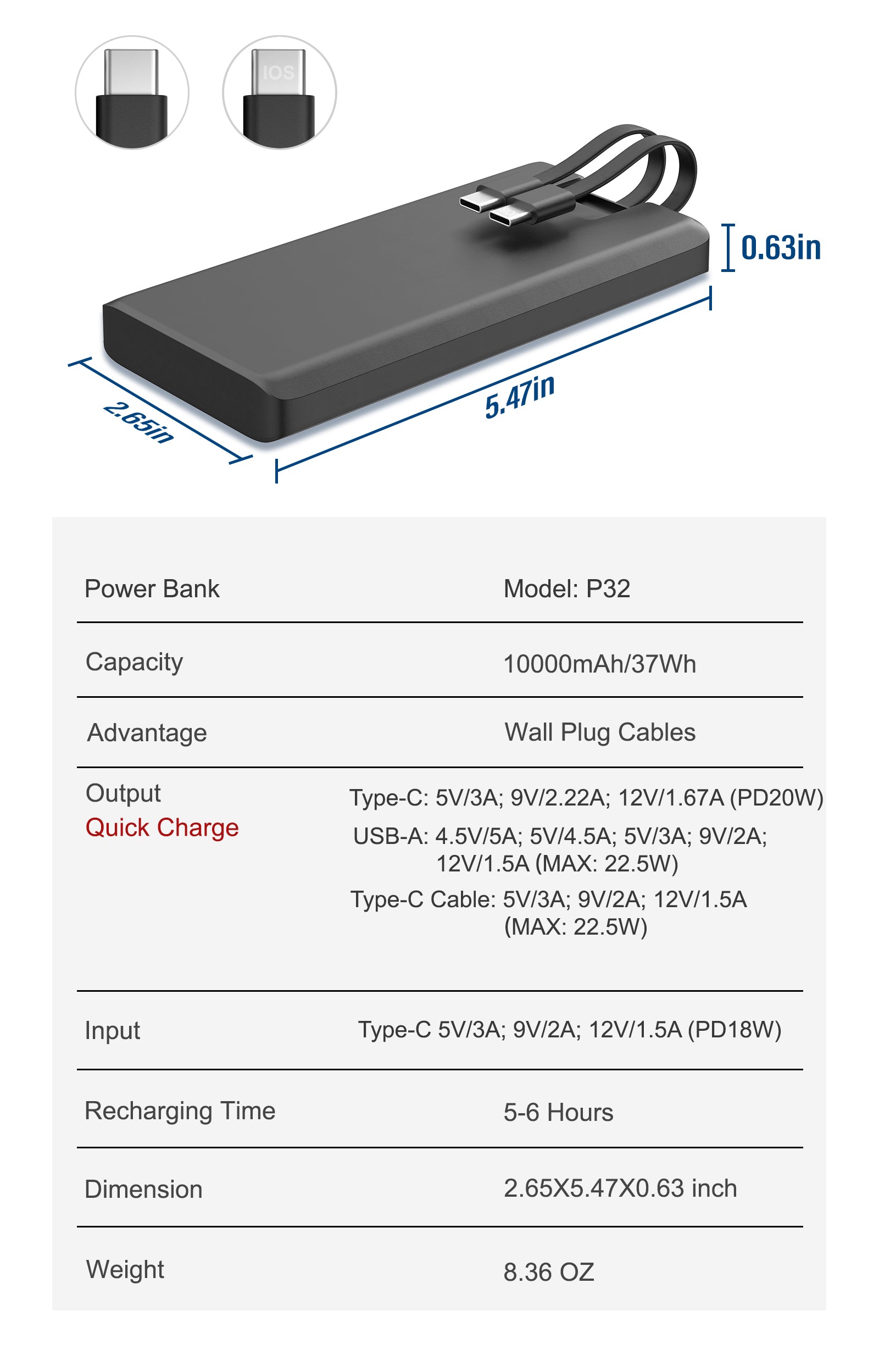 CE Fcc Rohs Power Bank 10000mah 22.5w Fast Charging Power Bank with Led Display Built in Cable